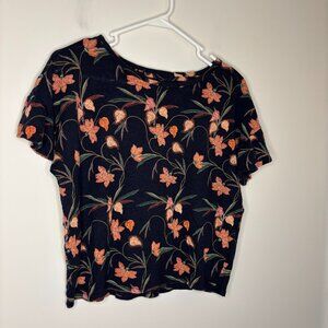 LOFT Linen Short Sleeve Top Womens S Floral Navy Cropped Flowy Lightweight